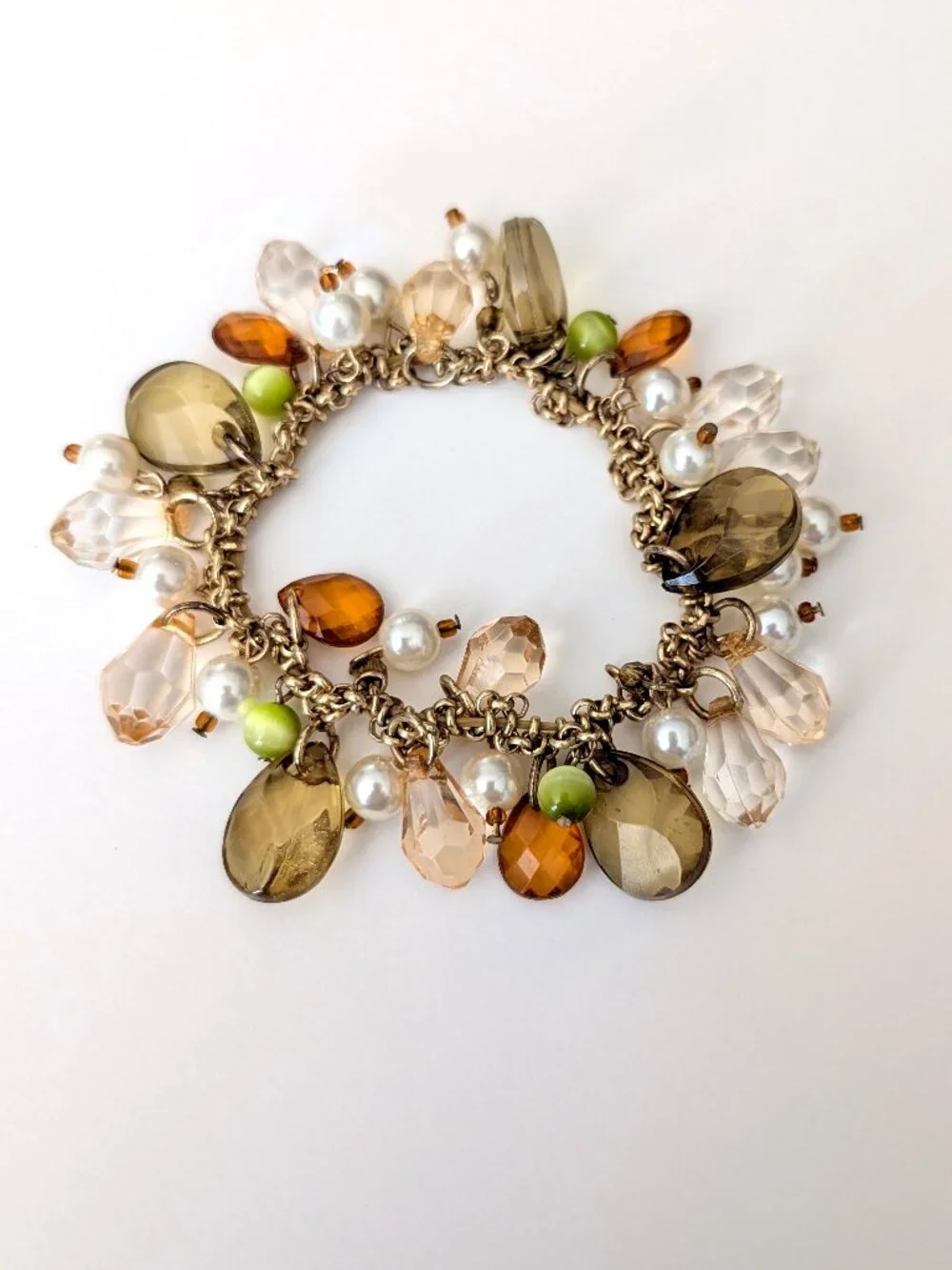 Pale green, orange, faux pearl stretch bracelet